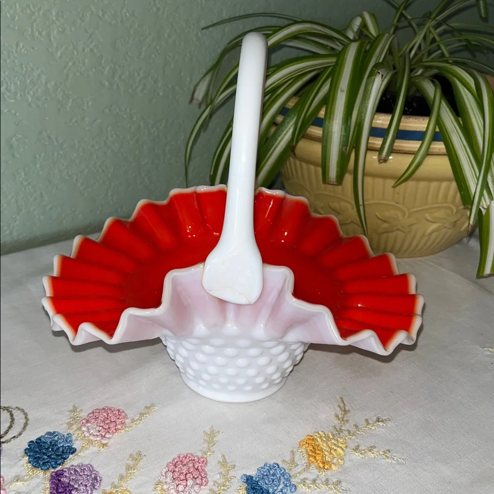 Vintage Fenton Hobnail Basket Ruby Red Overlay with White Handle & Ruffled Edge